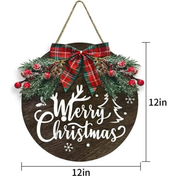 Merry Christmas Welcome Hanging Welcome Sign, Round Wooden Christmas Sign - Picture 5 of 6